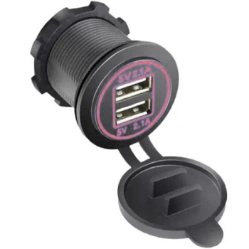 Гніздо під штекер прикурювача врізне з кришкою 2 USB DC 12-24V 5V 2,1-1A підсвічування Червона (SF-50-2)