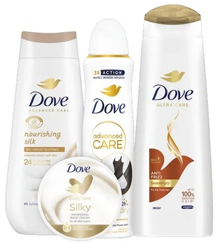 Zestaw kosmetyków do pielęgnacji ciała Dove Szampon do włosów 400 ml + Dezodorant w sprayu 150 ml + Żel pod prysznic 225 ml + Krem do ciała 300 ml (8721201970818)