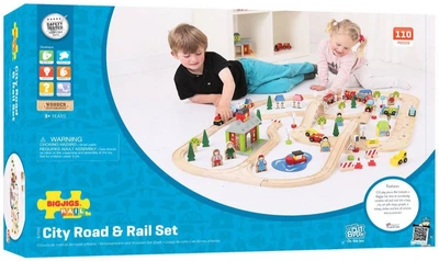 Duży drewniany zestaw Bigjigs Miejska droga i tory kolejowe 110 elementów (0691621090329)