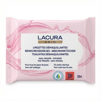 Мицеллярные влажные салфетки для снятия макияжа Lacura Skin для всех типов кожи 25 шт.