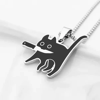 Кулон на ланцюжку Кіт з Ножем - Cat with Knife Чорний