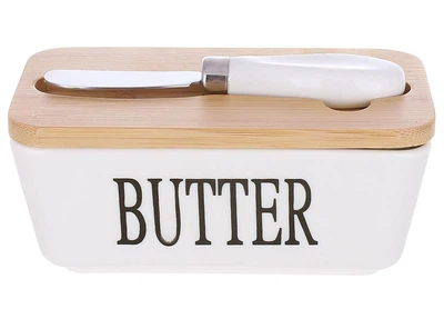 Масленка фарфоровая с бамбуковой крышкой и ножом для масла Butter 15*8.5*7.5см 289-419