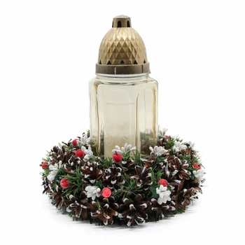 Рождественский декоративный венок-подсвечник GALA DECOR из шишек и ягод 22 см красно-белый с лампадой 25 см В2225