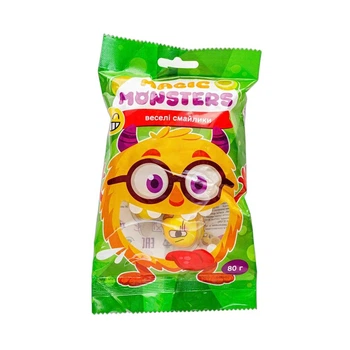 Желейні цукерки Magic Monsters «ВЕСЕЛІ СМАЙЛИКИ» з джемовою начинкою, флоупак 80 г