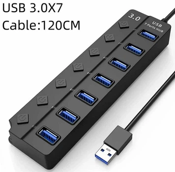Хаб USB 3.0 на 7 портів концентратор на 7 портів Чорний USB-хаб HUB з вимикачами 1.2 м кабель GL3510 Чорний