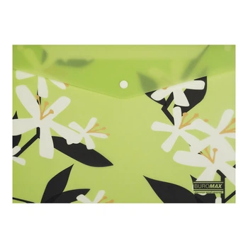 Папка-конверт А4 на кнопке PLUMERIA ARABESKI салатовая BM.3943-15 BUROMAX матовый полупрозрачный пластик (4823126816289)