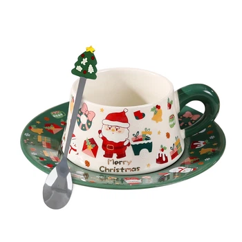 Рождественская чашка Lesko "Merry Christmass" Санта-Клаус JJX005 Green с блюдцем с ложечкой новогодняя в подарочной упаковке