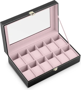 Скринька на 12 годинників Massido MS-710 чорна з рожевим 33 × 20.5 × 9 см (5903890614140)