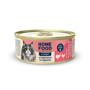 Полнорационный консервированный корм HOME FOOD для взрослых кошек с индейкой и курицей в соусе, 85 г