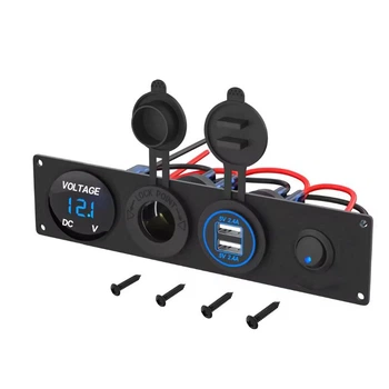 Автомобильная зарядка двойная 2 USB QC 3.0 панель розеток. Гнездо прикуривателя с кнопкой Синяя подсветка (00078)