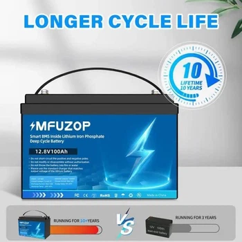 Аккумулятор LiFePO4 MFUZOP GRADE A 12,8V 100Ah с BMS, литий-железо-фосфатная батарея для ИБП