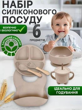 Набор ЭКО Посуда из 100% пищевого силикона для кормления ребенка. 6 предметов Приборы с ручками из дерева бежевый