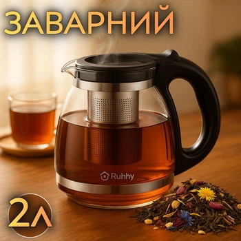 Чайник заваривальный стеклянный с ручкой Ruhhy 26066 2 литра прозрачный красивый чайник нержавеющий большой заварник бытовой для кухни и чая