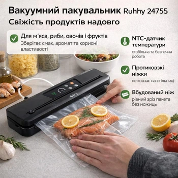 Вакуумний пакувальник із ножем різаком Ruhhy 24755 професійний вакууматор для м'яса риби та фруктів домашній для продуктів 10 пакетів в комплекті