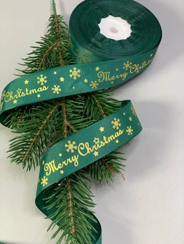 Зелена репсова стрічка “Merry Christmas” для святкового декору