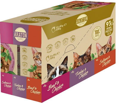 Вологий корм для котів ARATON Cats Set Adult зі смаком індички, яловичини, лосося та курки 85 г