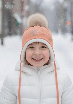 Детская зимняя шапка со звездами и помпоном, с утеплением, 5 лет 391720 Персиковая