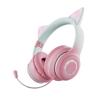 Беспроводные детские наушники PowerMe Kitty с ушками и RGB-подсветкой съемный микрофон Pink