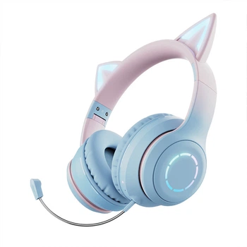 Беспроводные детские наушники PowerMe Kitty с ушками и RGB-подсветкой съемный микрофон Blue