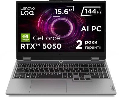 Ноутбук Lenovo LOQ 15AHP10 (83JG00A2RA) Luna Grey / 15.6" IPS 144 Гц / AMD Ryzen 7 250 / RAM 32 ГБ / SSD 1 ТБ / RTX 5050, 8 ГБ / LAN