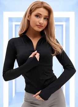 Жіноча спортивна кофта з блискавкою на грудях Рашгард для тренувань з вирізами під пальці L чорний (170274R)