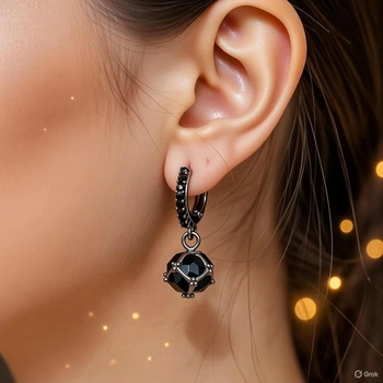 Серьги подвески кубик с черными камнями Fashion Jewelry серебристые