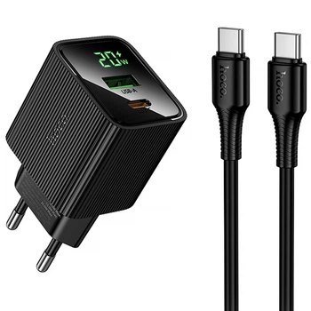 Сетевое зарядное устройство HOCO CS83A Excellent with digital display PD20W+QC3.0 (1USB-A/1C) + кабель Type-C to Type-C (Black) (243551)