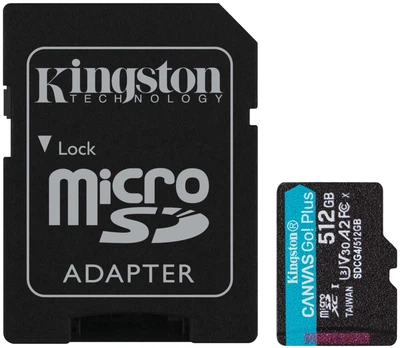Карта пам'яті microSD 512GB C10 UHS-I U3 A2 V30 R200/W160MB/s + SD Kingston (2000003207572)