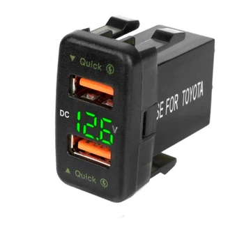Зарядное устройство кнопка Toyota с вольтметром и 2 USB 3.4A 12В-24В Зелёный (80018)