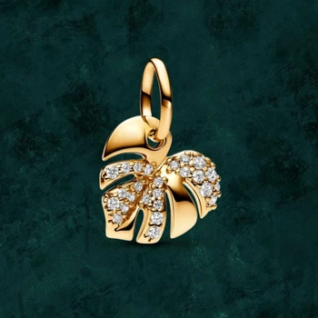 Серебряная бусина шарм «Блестящие листья монстеры» 763349C01 Pandora Пандора с покрытием 14к золотом