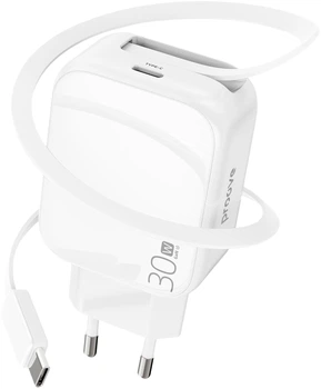 Мережевий зарядний пристрій з вбудованим кабелем USB Type-C Proove Fixtape GaN 30W Fast Charge USB Type-C White (621790003)