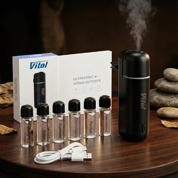Ультразвуковий автомобільний аромадифузор Vitol з розпорошенням на повітропровід Чорний (Набір 6 ароматів)