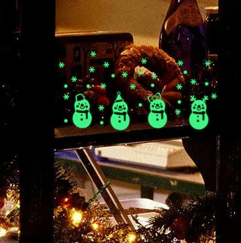 Новогодние наклейки на окна фосфорные Снеговики 146 на 300 мм салатовый