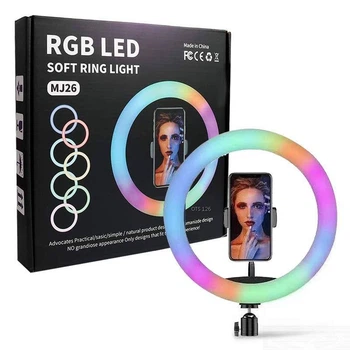 Кольцевая RGB LED-лампа MJ26 26 см, 20 Вт, 15 цветных режимов, 10 уровней яркости, USB и держатель для смартфона