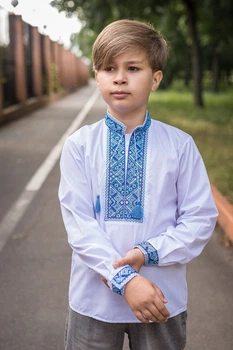 Вишита сорочка для хлопчика 5–12 років, батист, біла, довгий рукав, натуральна вишивка , 122, Білий з синім