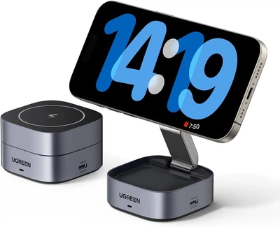 Бездротова швидкісна зарядна станція UGREEN MagFlow Magnetic 2-в-1, заряджає iPhone (серії 12–17) та AirPods, має додатковий USB-C вихід, магнітне кріплення, захист від перегріву, короткого замикання