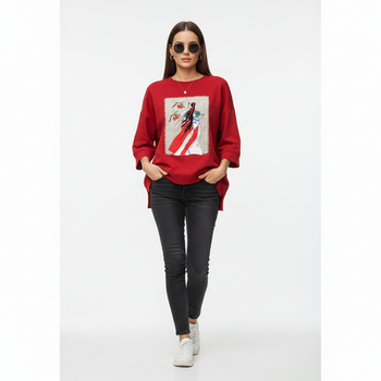 Женский свитшот oversize с вышивкой и боковыми карманами Катерина Modna KAZKA MKNK2356 - 54/56, Червоний