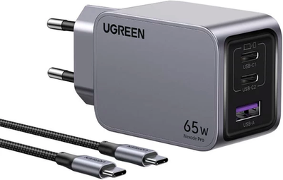 Мережевий зарядний пристрій Ugreen Nexode Pro 65W USB + 2x USB-C + кабель USB-C Grey (6941876228713)