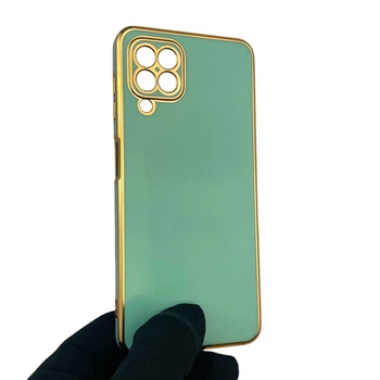Чехол для Samsung Galaxy A22 4G (SM-A225F) глянцевый с защитой камеры с золотой окантовкой бирюзовый