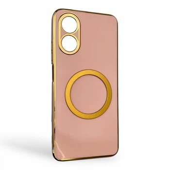 Чехол для OPPO A17k глянцевый с защитой камеры с золотой окантовкой и кольцом MagSafe пудровый