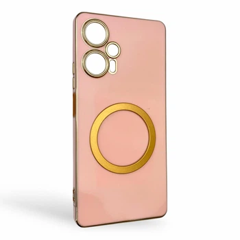 Чехол для Xiaomi POCO F5 глянцевый с защитой камеры с золотой окантовкой и кольцом MagSafe пудровый