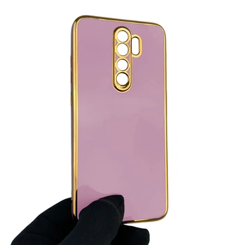 Чехол для Xiaomi Redmi Note 8 Pro глянцевый с защитой камеры с золотой окантовкой сиреневый