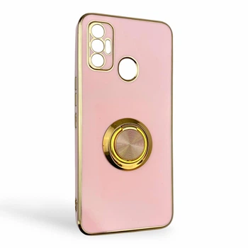 Чехол для Tecno Spark 7 Go (KF6m) глянцевый с защитой камеры с золотой окантовкой с кольцом-подставкой пудровый