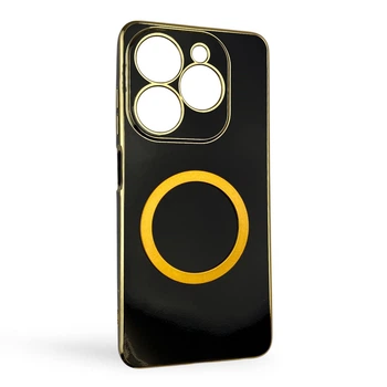 Чехол для TECNO Spark Go 2024 (BG6) глянцевый с защитой камеры с золотой окантовкой и кольцом MagSafe черный