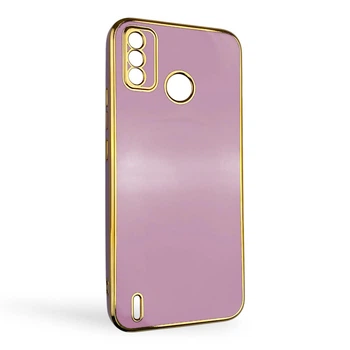 Чехол для Tecno Spark 6 Go (KE5) глянцевый с защитой камеры с золотой окантовкой сиреневый