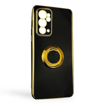 Чехол для OnePlus 9RT глянцевый с защитой камеры с золотой окантовкой с кольцом-подставкой черный