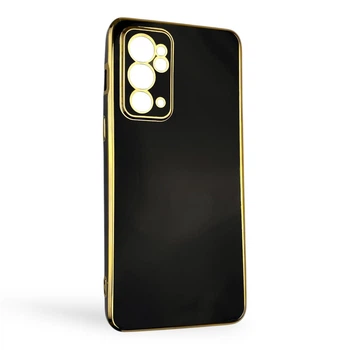 Чехол для OnePlus 9RT глянцевый с защитой камеры с золотой окантовкой черный