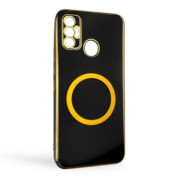 Чехол для Tecno Spark 7 (KF6n) глянцевый с защитой камеры с золотой окантовкой и кольцом MagSafe черный