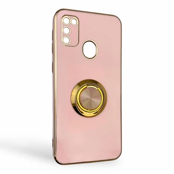 Чехол для Samsung Galaxy M21 (SM-M215F) глянцевый с защитой камеры с золотой окантовкой с кольцом-подставкой пудровый