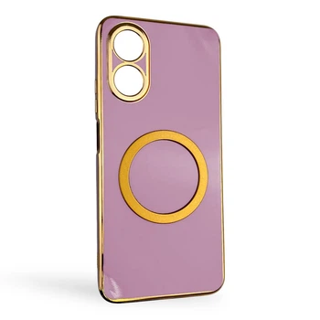 Чехол для OPPO A17k глянцевый с защитой камеры с золотой окантовкой и кольцом MagSafe сиреневый